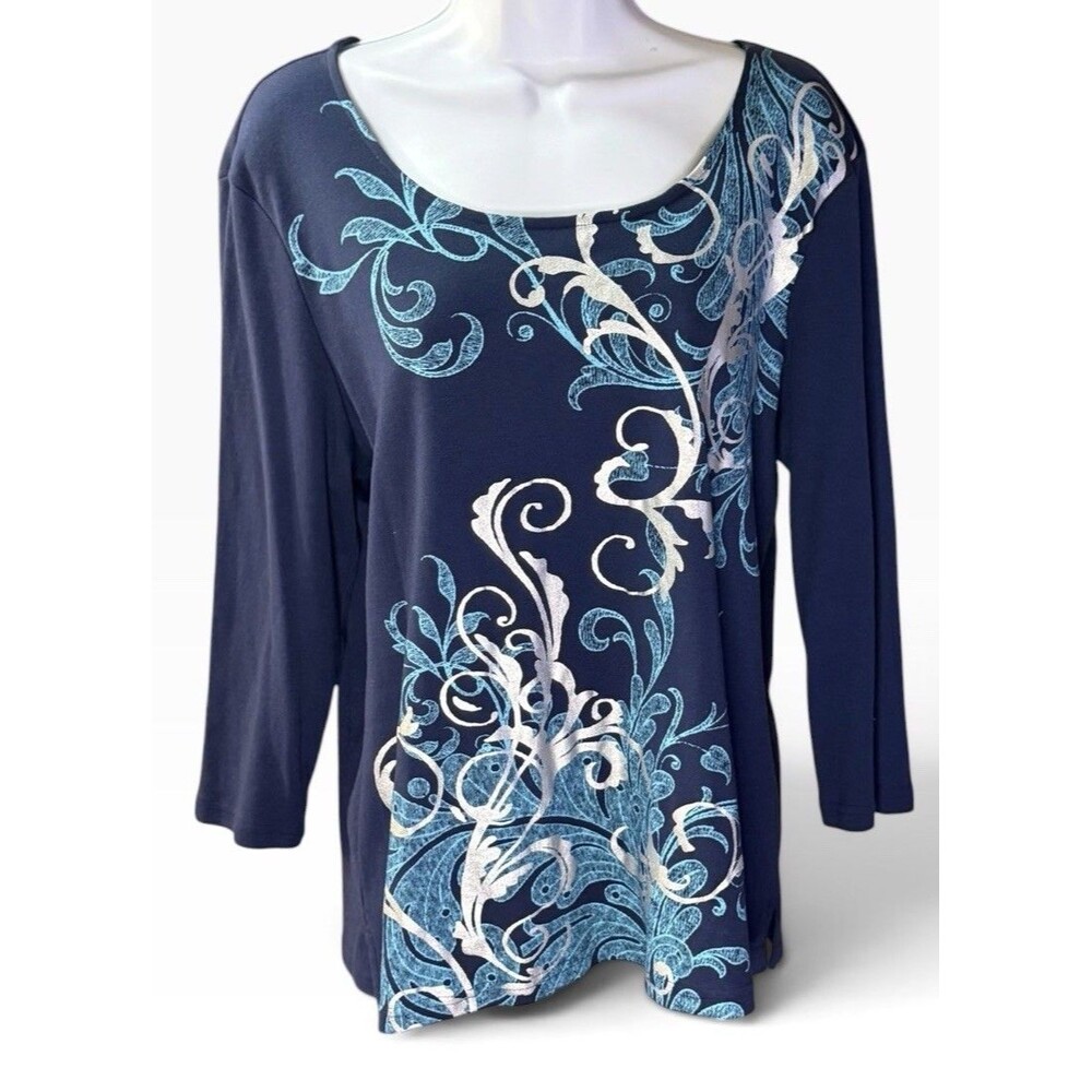 Karen Scott Women's L Large Navy Blue 3/4 Sleeve Scoop Neck Top Scroll Print